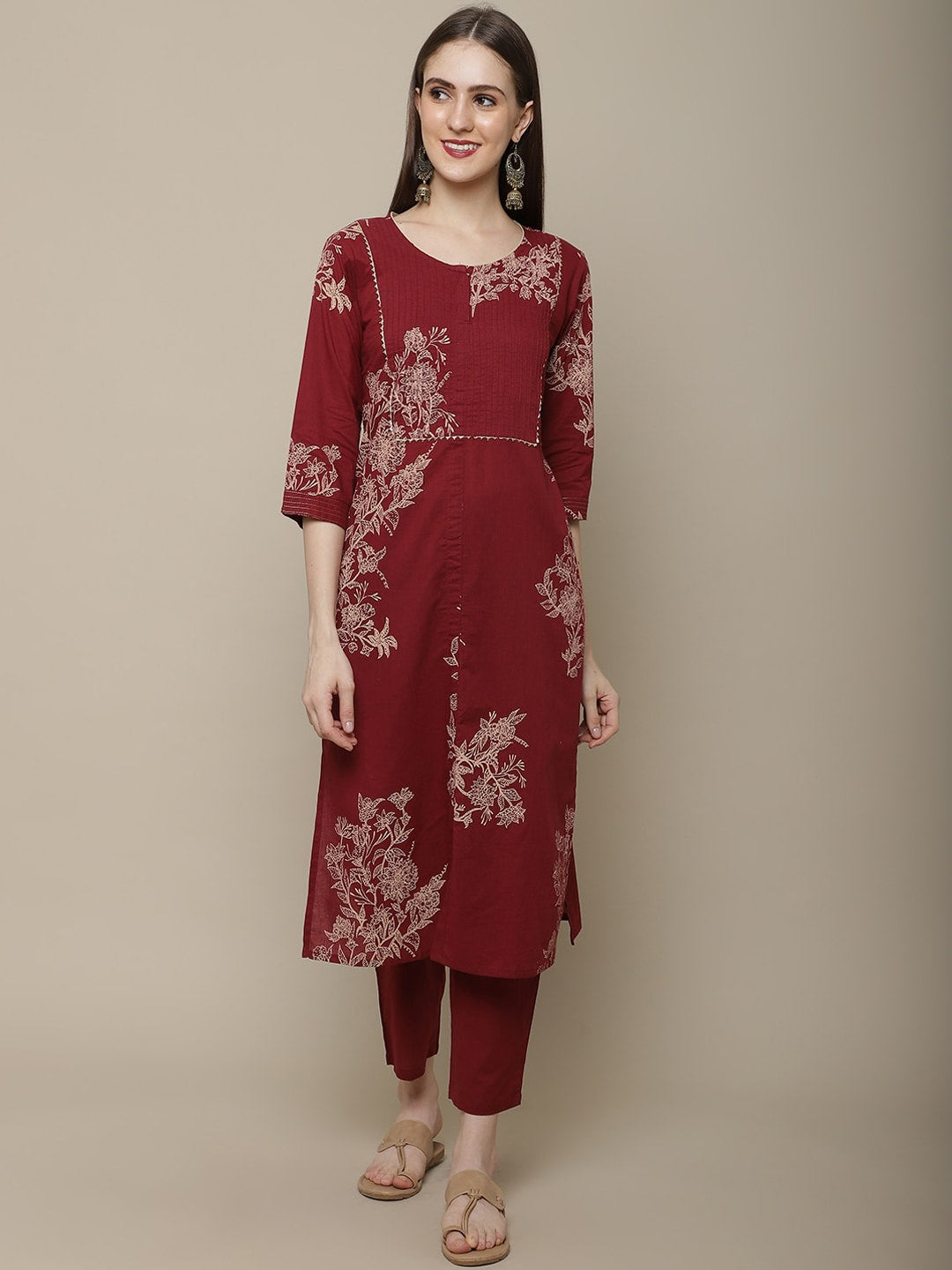 Sangria Women Maroon Floral Printed Pure Cotton Straight Kurta with Trousers - Distacart