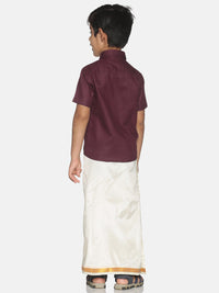 Thumbnail for Sethukrishna Boys Maroon & White Solid Shirt with Veshti Set - Distacart