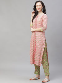 Thumbnail for Ahika Women Peach-Coloured Printed Pleated Pure Cotton Kurta with Palazzos & With Dupatta - Distacart