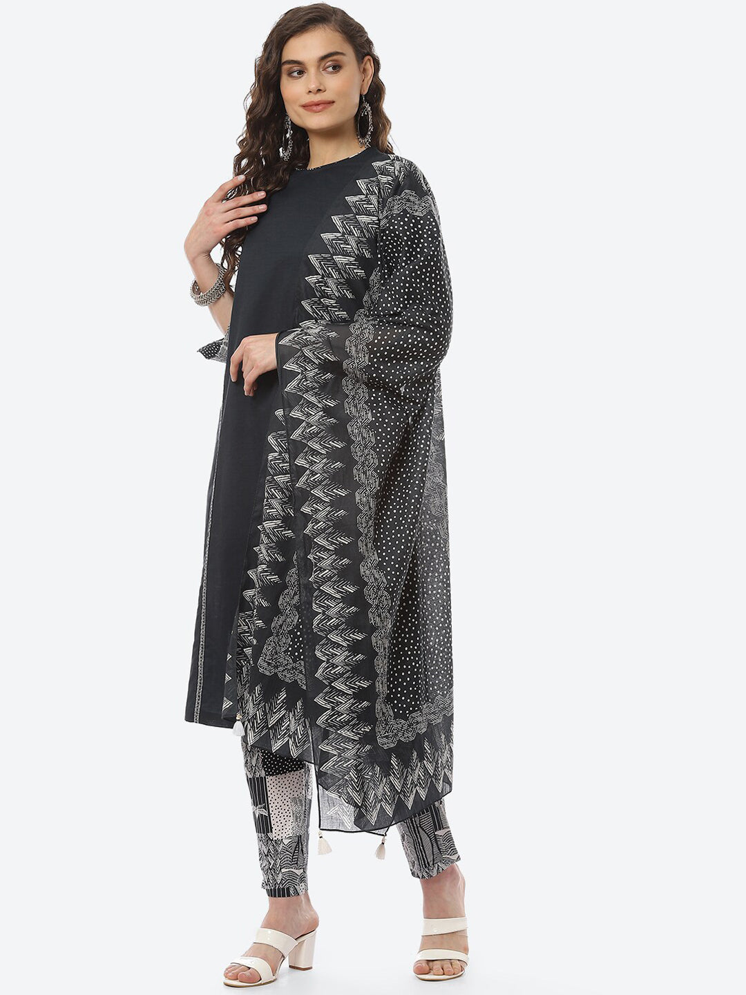 Biba Women Black Ethnic Motifs Panelled Pure Cotton Kurta with Trousers & Dupatta - Distacart