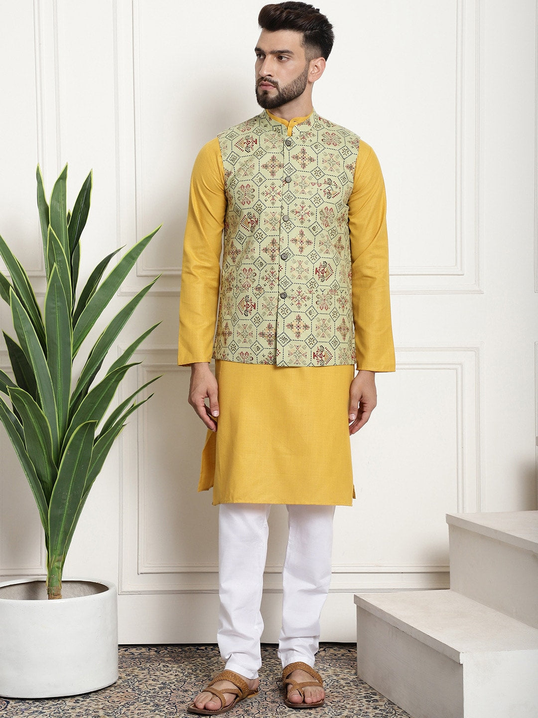 Sojanya Men Mustard Yellow Pure Cotton Kurta with Churidar & Nehru Jacket - Distacart