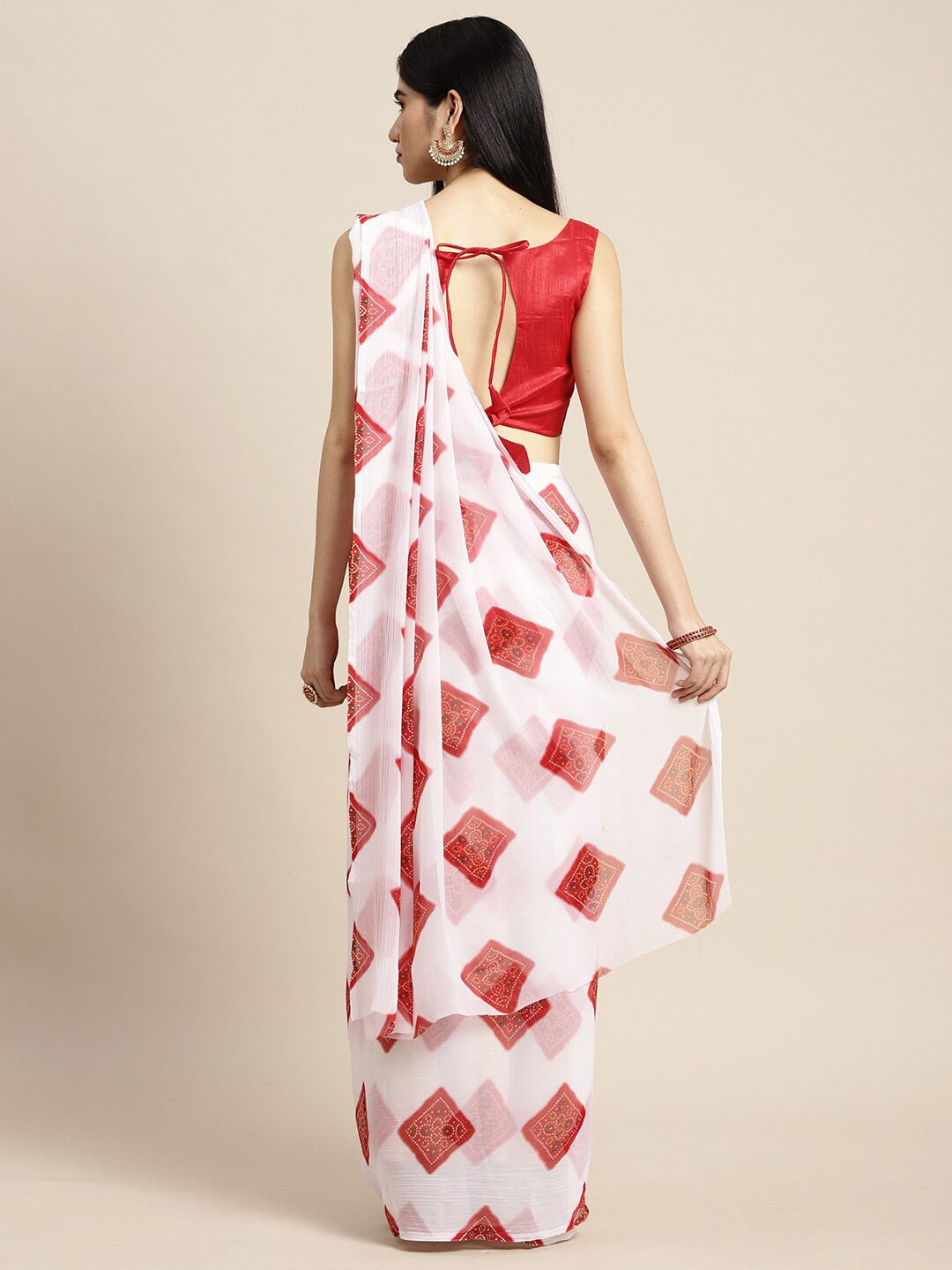 Saree Mall Women White & Red Printed Poly Chiffon Bandhani Saree With Matching Blouse - Distacart