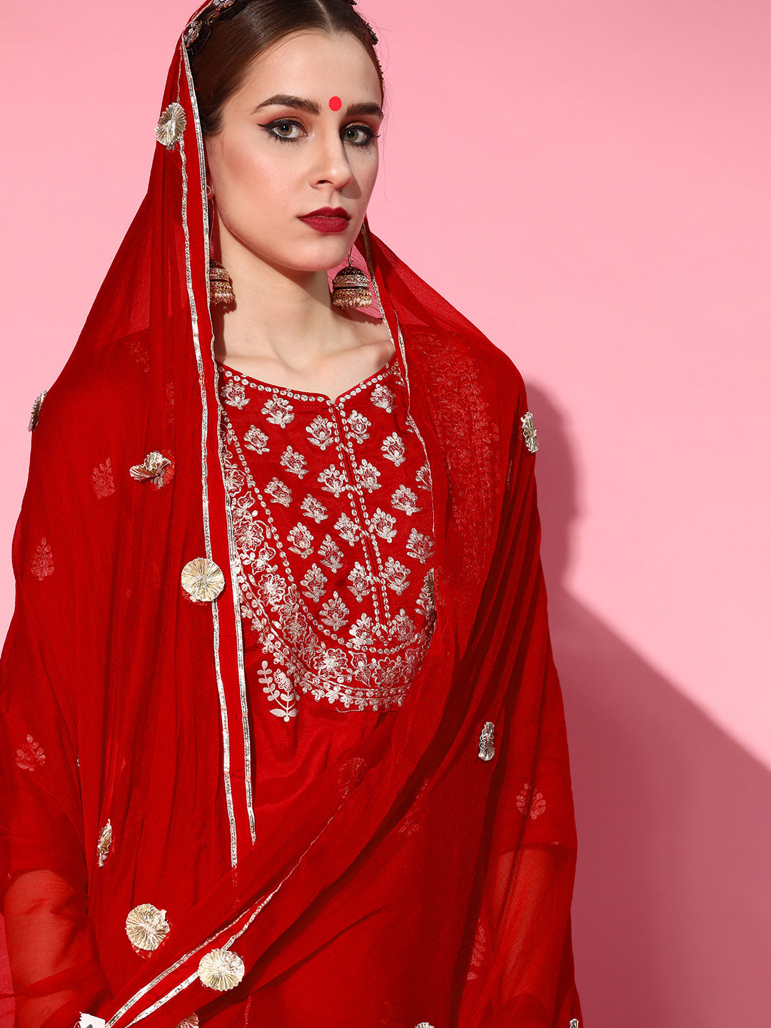Ishin Women Red Floral Embroidered Regular Kurta with Sharara & With Dupatta - Distacart