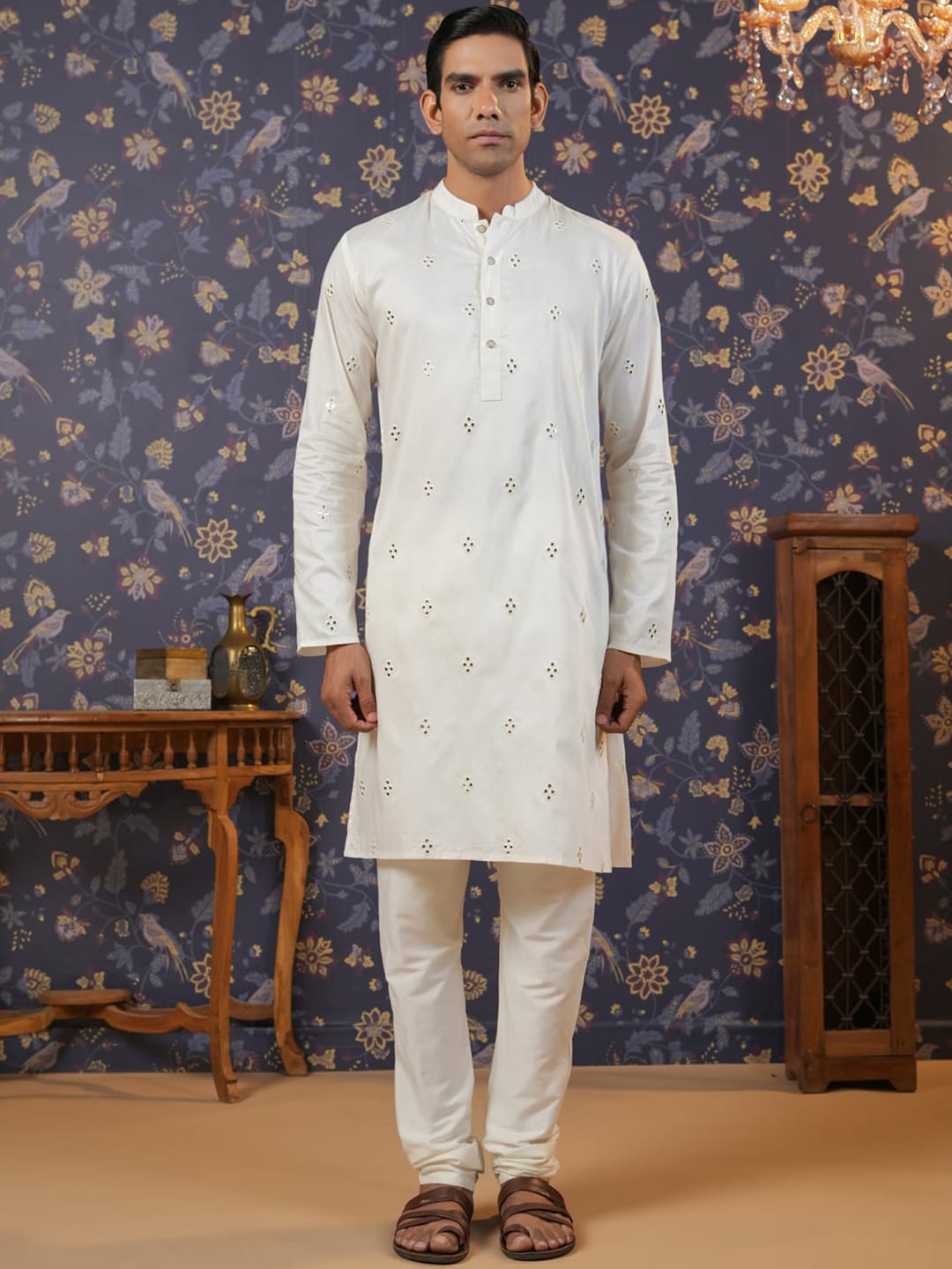 House of Pataudi Embroidered Mirror Work Straight Kurta With Pyjama - Distacart