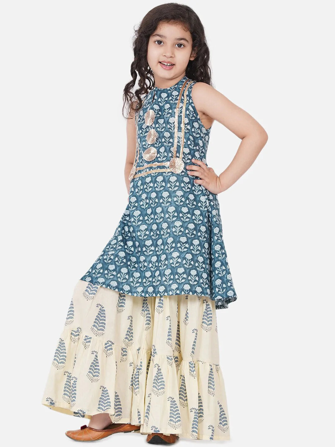 NOZ2TOZ Blue Floral Printed Pleated Kurta with Skirt For Girls - Distacart