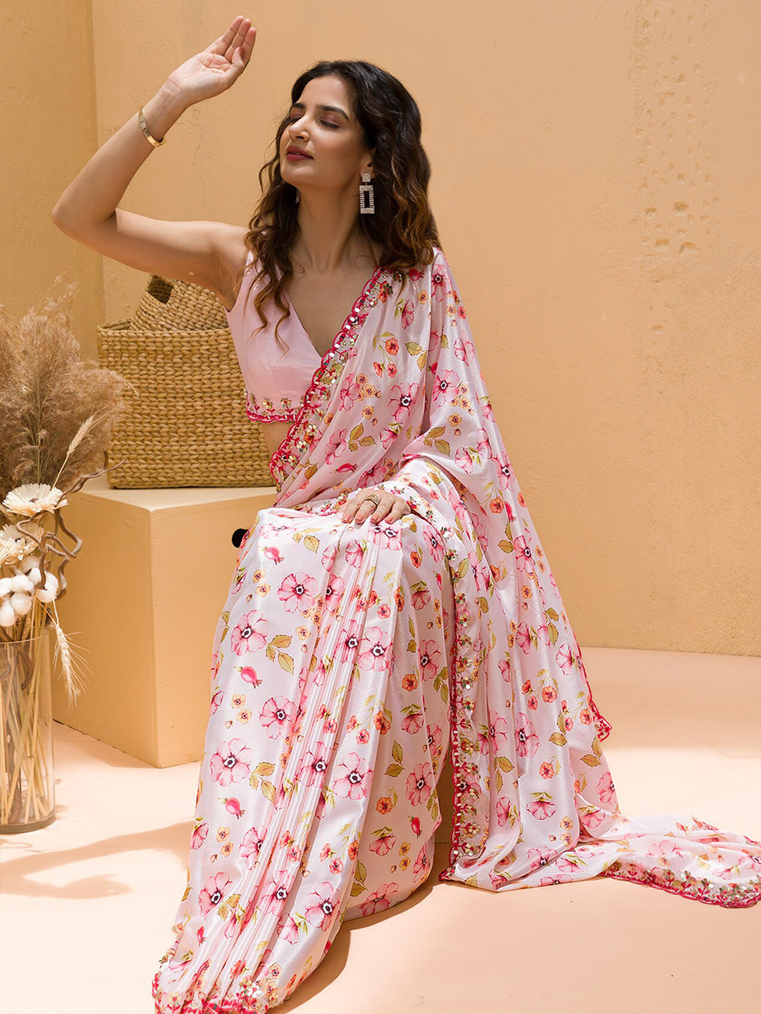 Koskii Floral Printed Mirror Work Saree - Distacart