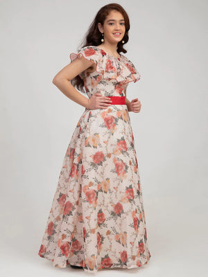 NOZ2TOZ Off White & Red Floral Print Maxi Dress For Girls - Distacart