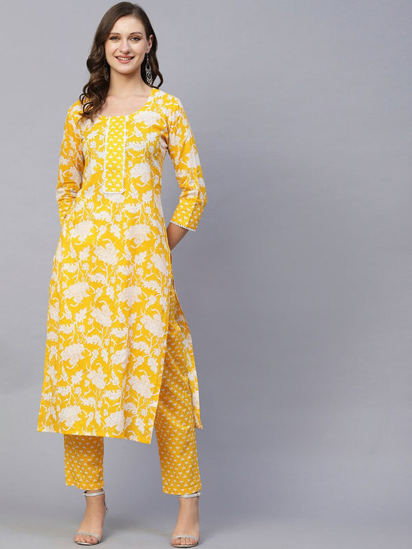 Kalini Floral Printed Round Neck Kurta with Trousers - Distacart
