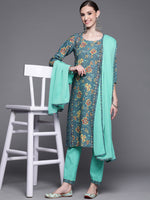 Thumbnail for Biba Women Blue & Yellow Floral Print Pure Cotton Kurta with Trousers & Dupatta - Distacart