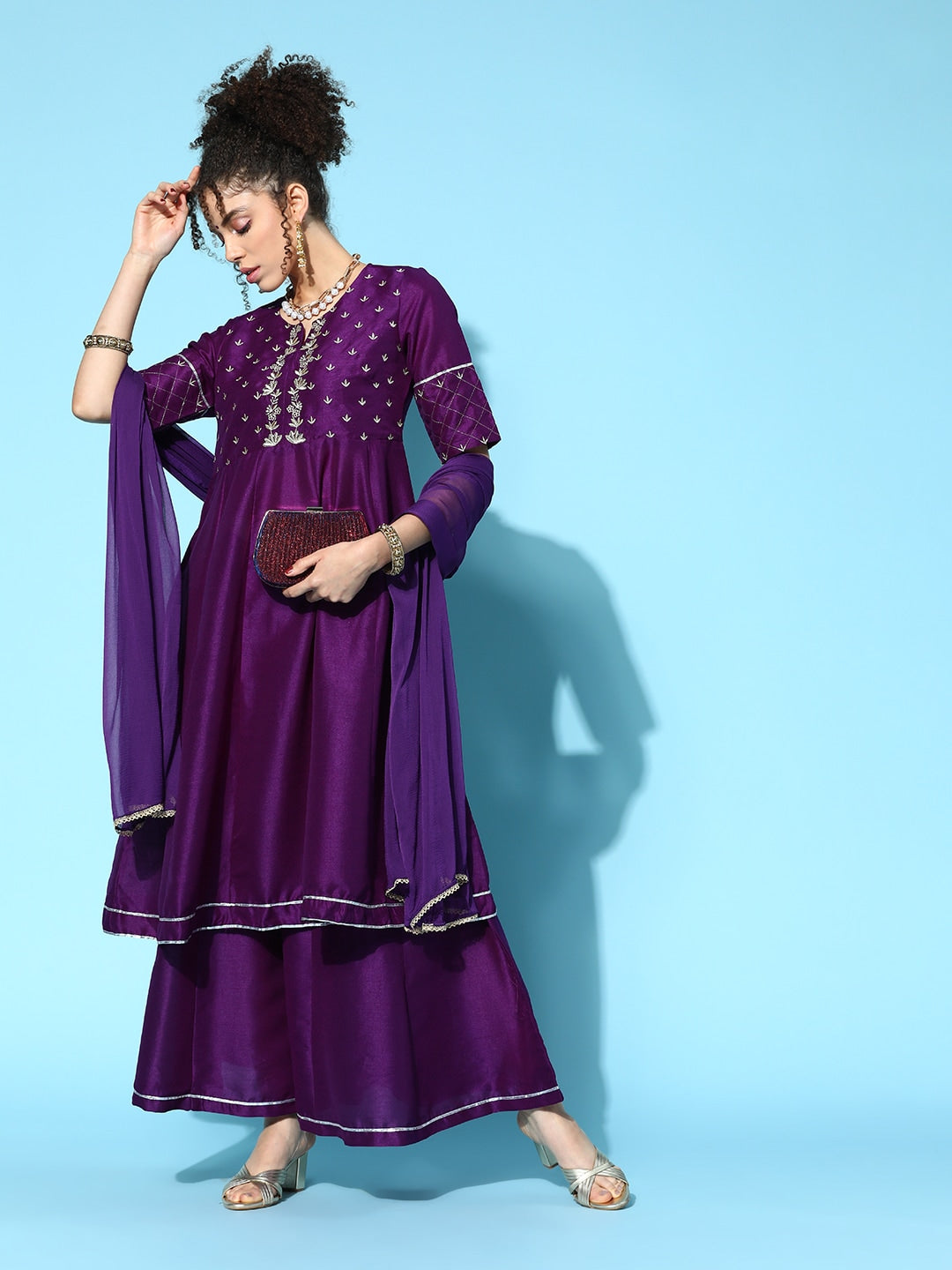 Sangria Women Purple & Silver Ethnic Motifs Gotta Patti Kurta with Palazzos & Dupatta - Distacart