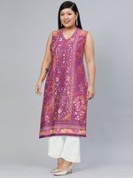 Thumbnail for Biba Women Purple & Brown Pure Cotton Ethnic Motifs Printed V-Neck Sleeveless Kurta - Distacart