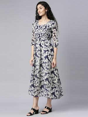 Souchii White Floral Layered Chiffon Empire Midi Dress - Distacart