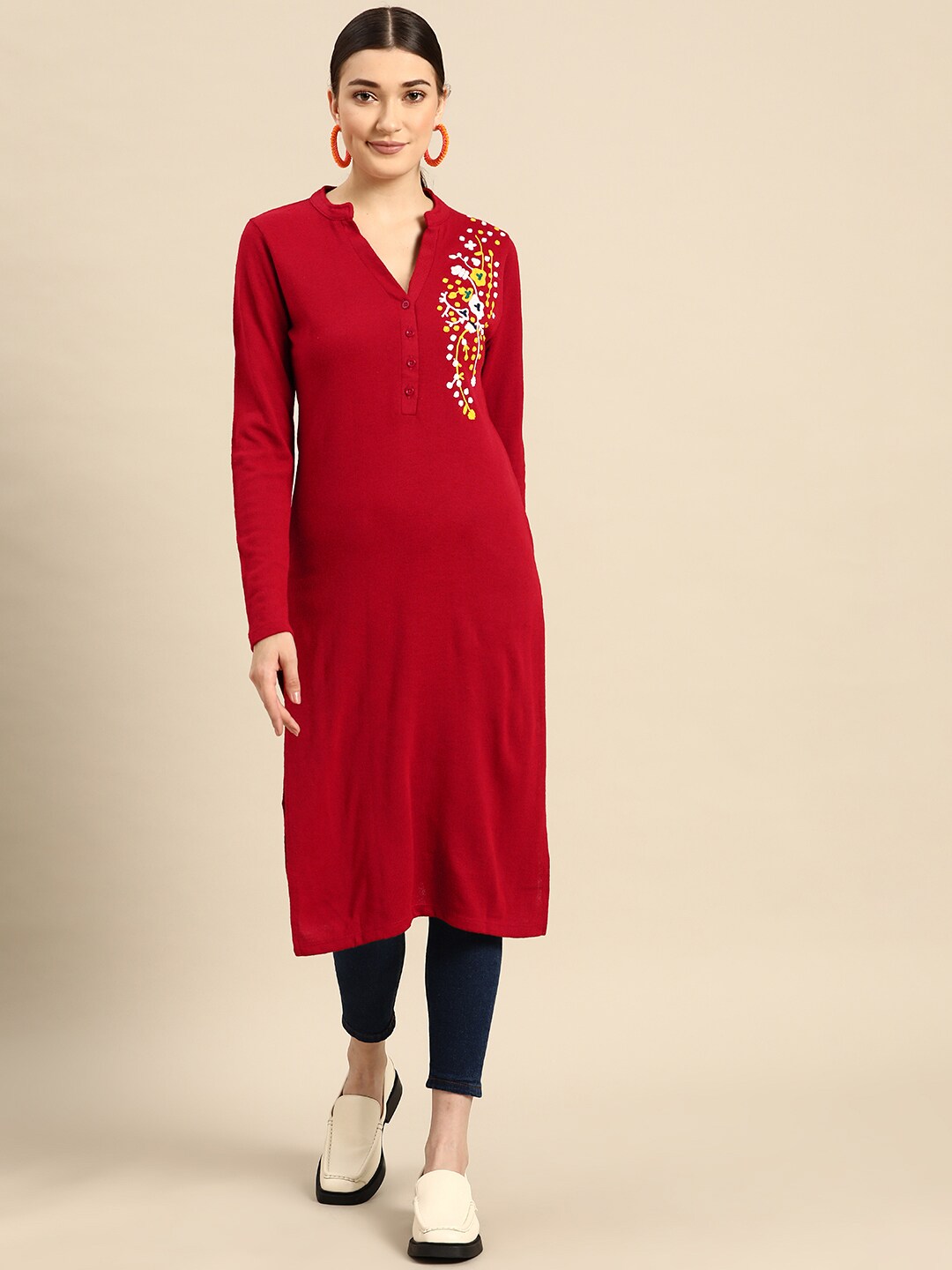 Sangria Women Red & White Floral Winter Straight Kurta - Distacart