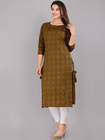 Thumbnail for Kalini Women Olive Green Ethnic Motifs Thread Work Kurta - Distacart