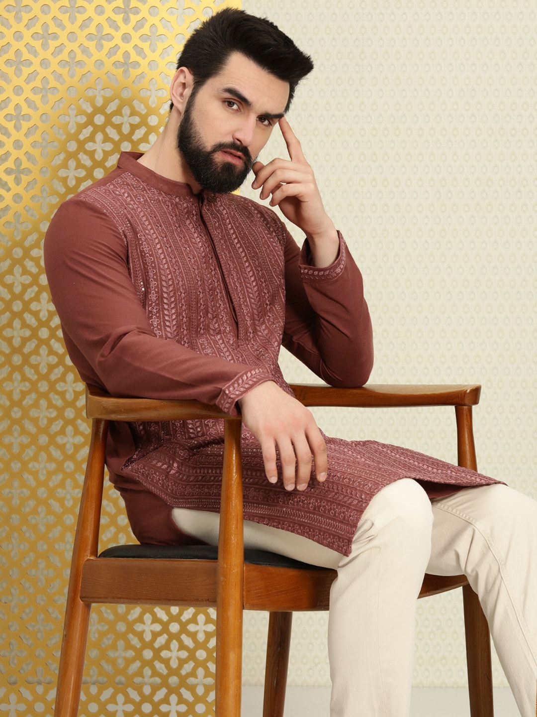 House of Pataudi Men Floral Embroidered Sequined Floral Jashn Kurta - Distacart