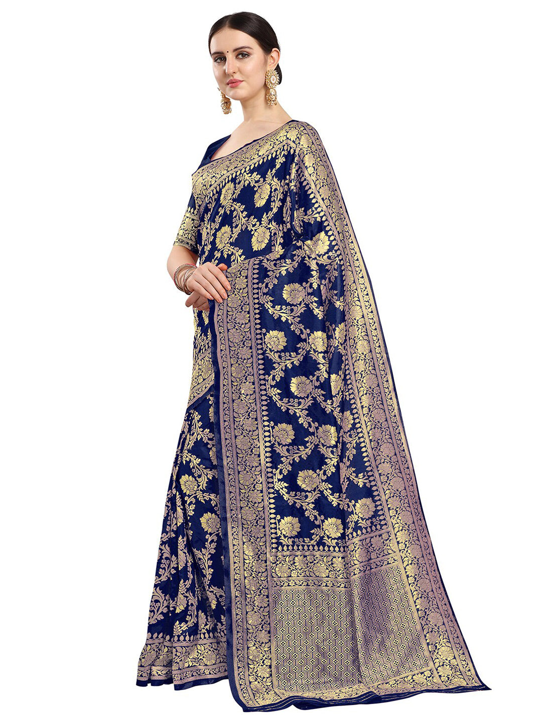 Kalini Navy Blue & Gold-Toned Woven Design Zari Silk Blend Fusion Banarasi Saree - Distacart
