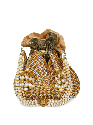 Anekaant Gold-Toned & White Embellished Clutch - Distacart