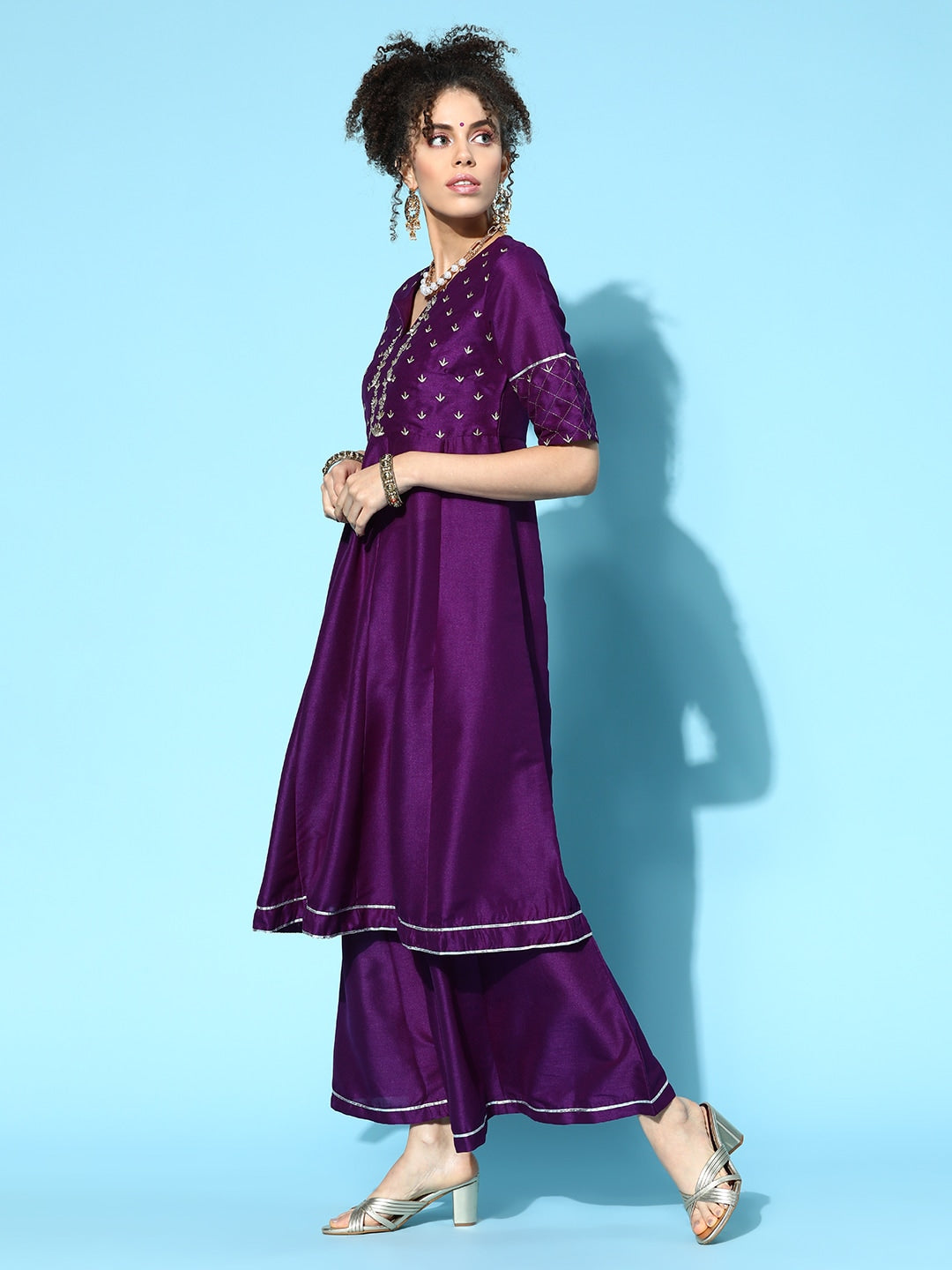 Sangria Women Purple & Silver Ethnic Motifs Gotta Patti Kurta with Palazzos & Dupatta - Distacart
