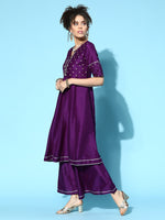 Thumbnail for Sangria Women Purple & Silver Ethnic Motifs Gotta Patti Kurta with Palazzos & Dupatta - Distacart