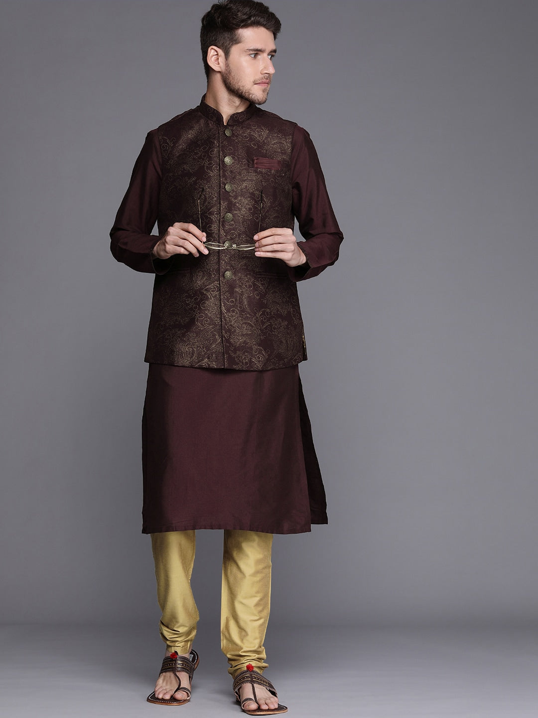 Manyavar Men Burgundy Kurta & Pyjama with Nehru Jacket - Distacart