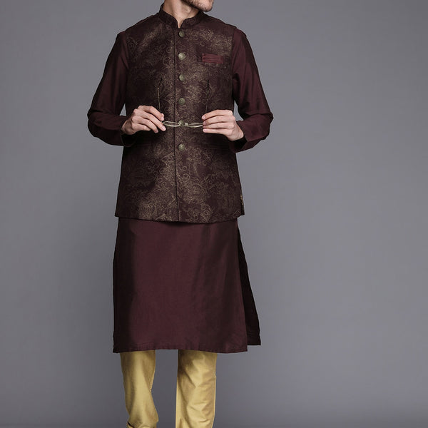 Manyavar Men Burgundy Kurta & Pyjama with Nehru Jacket - Distacart