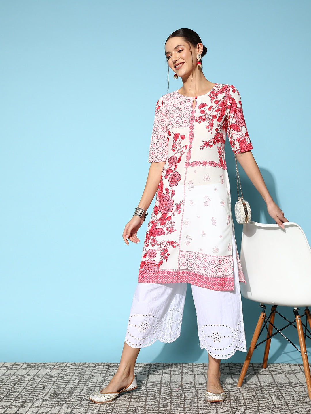 Sangria Women Floral Printed Keyhole Neck Floral Kurta - Distacart