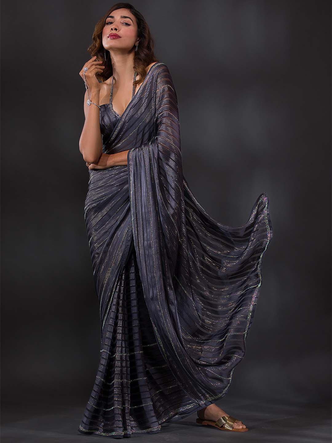 Koskii Grey Striped Beads and Stones Saree - Distacart