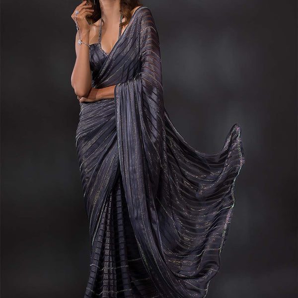 Koskii Grey Striped Beads and Stones Saree - Distacart