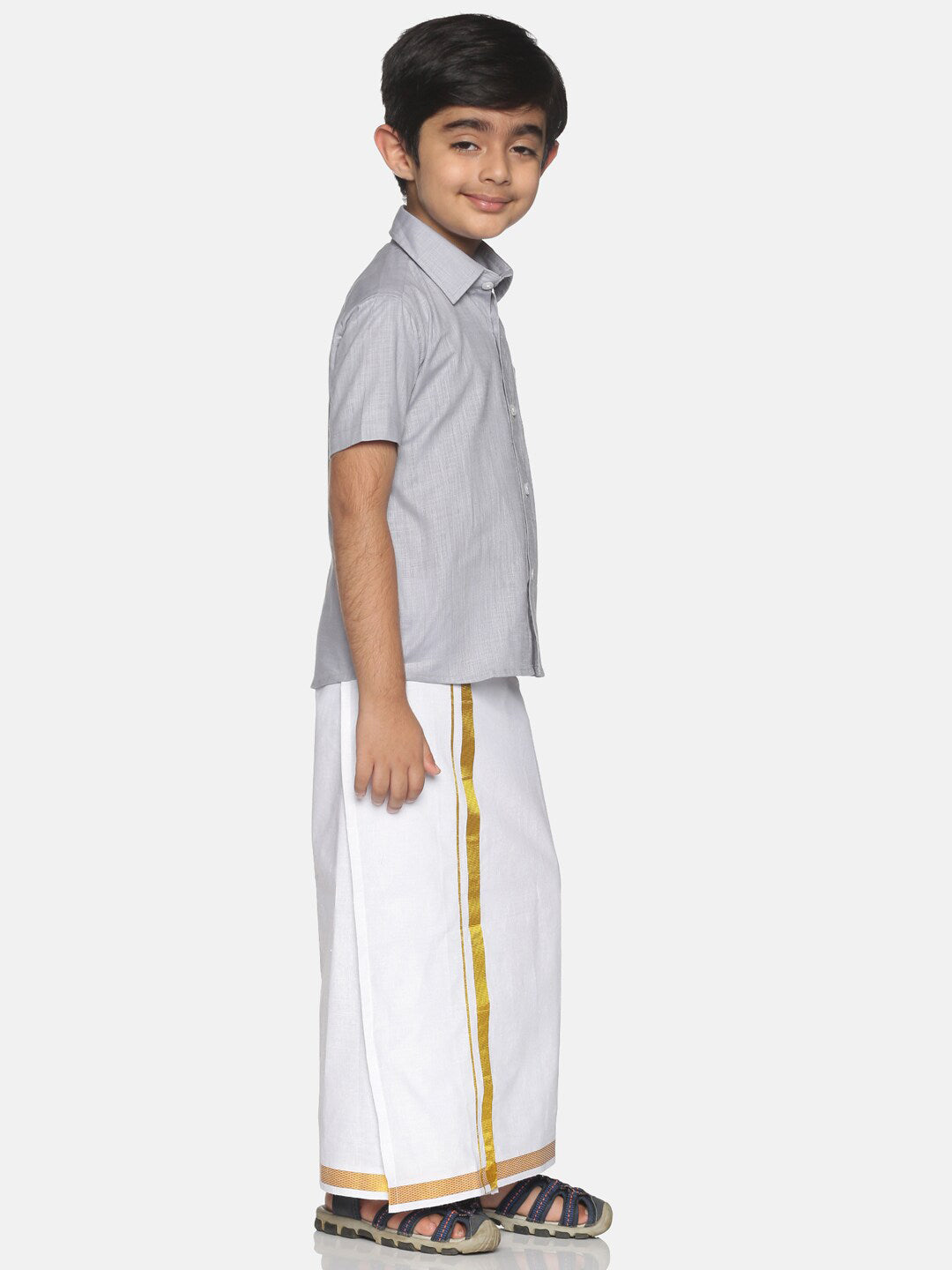 Sethukrishna Boys Grey & White Solid Shirt and Veshti Set - Distacart