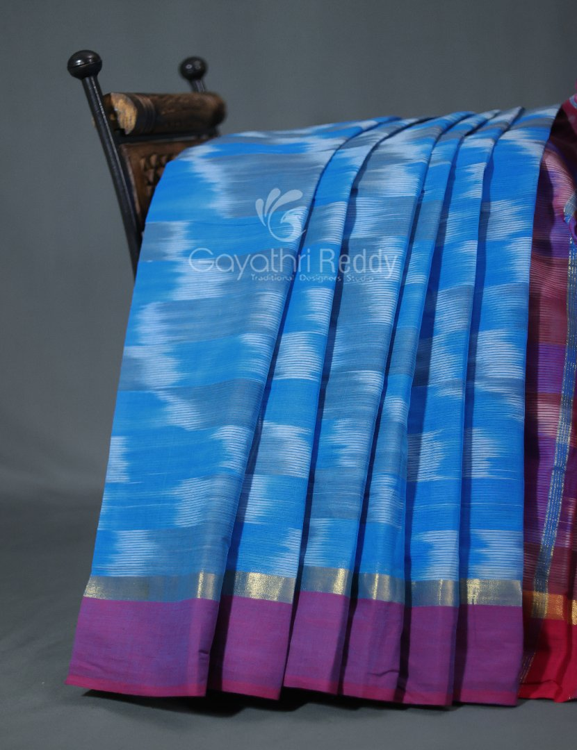 Dual Shades of Sky Blue And Maroon Mangalagiri Ikkat Cotton Saree By Gayathri Reddy Designer Studio - Distacart