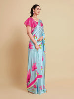 Thumbnail for Sangria Turquoise Blue & Magenta Floral Zari Satin Saree - Distacart