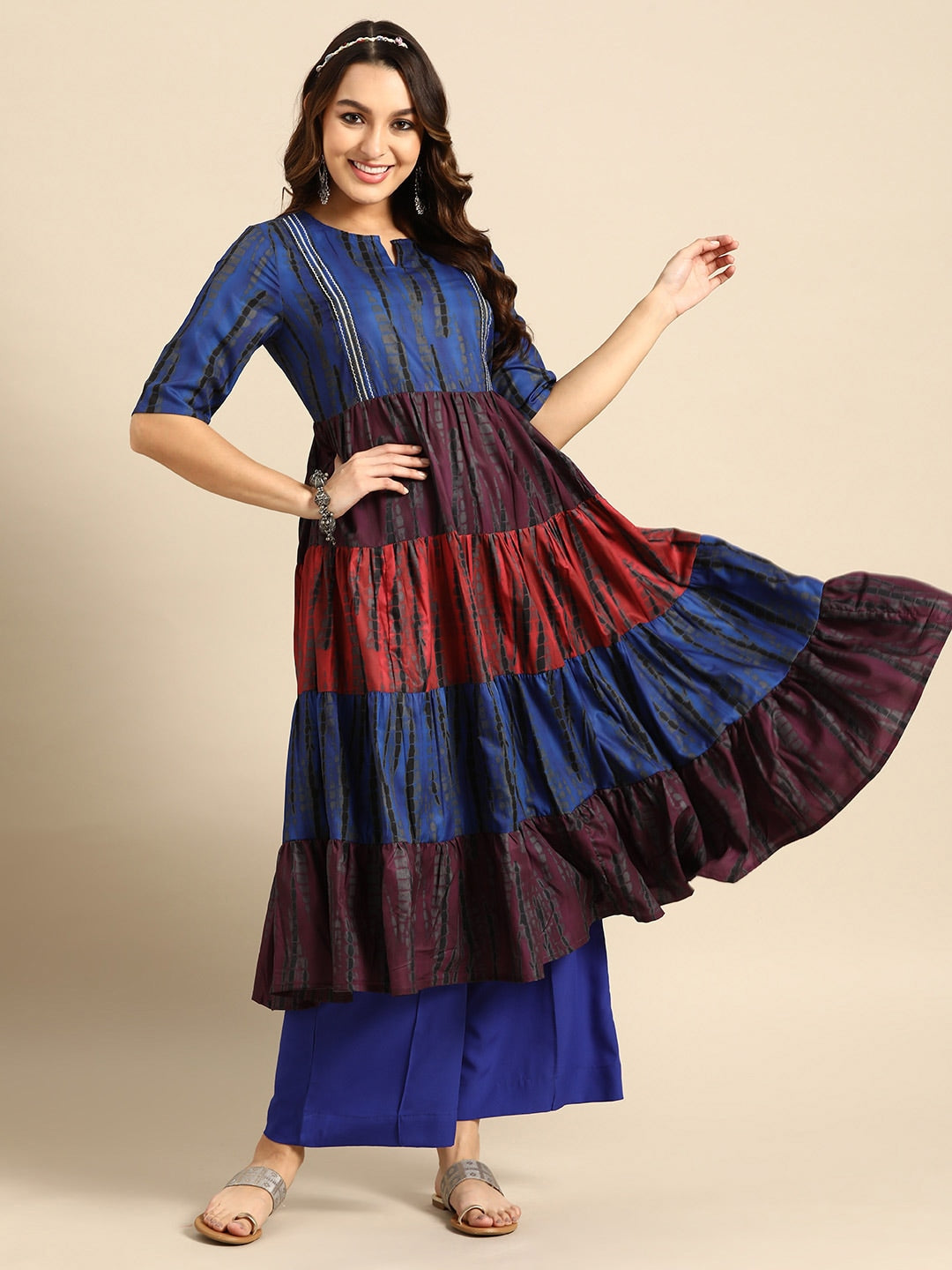 Sangria Women Dyed Tiered Kurta with Palazzos - Distacart