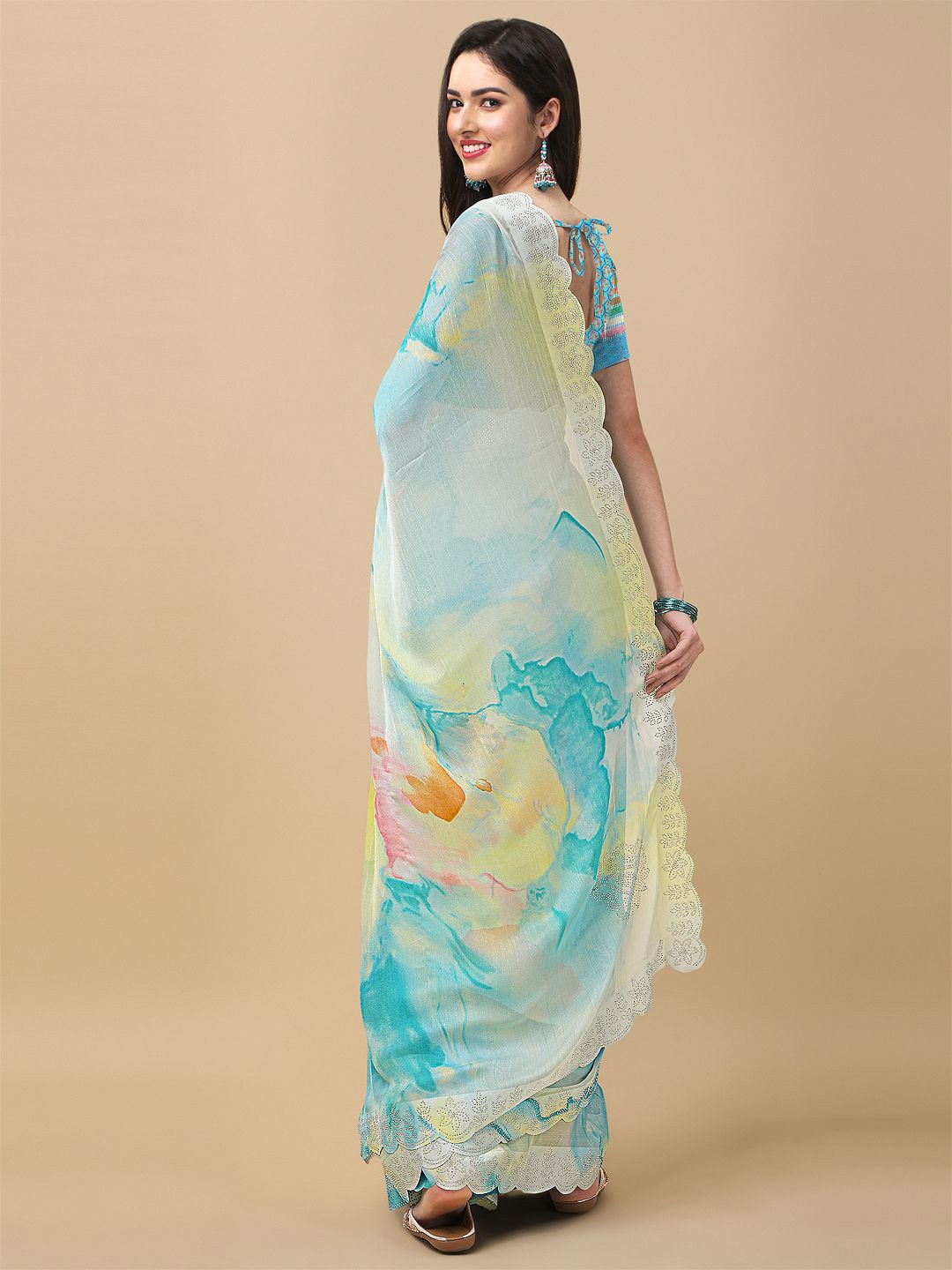 Mitera Blue & Blue Tie and Dye Beads and Stones Saree - Distacart
