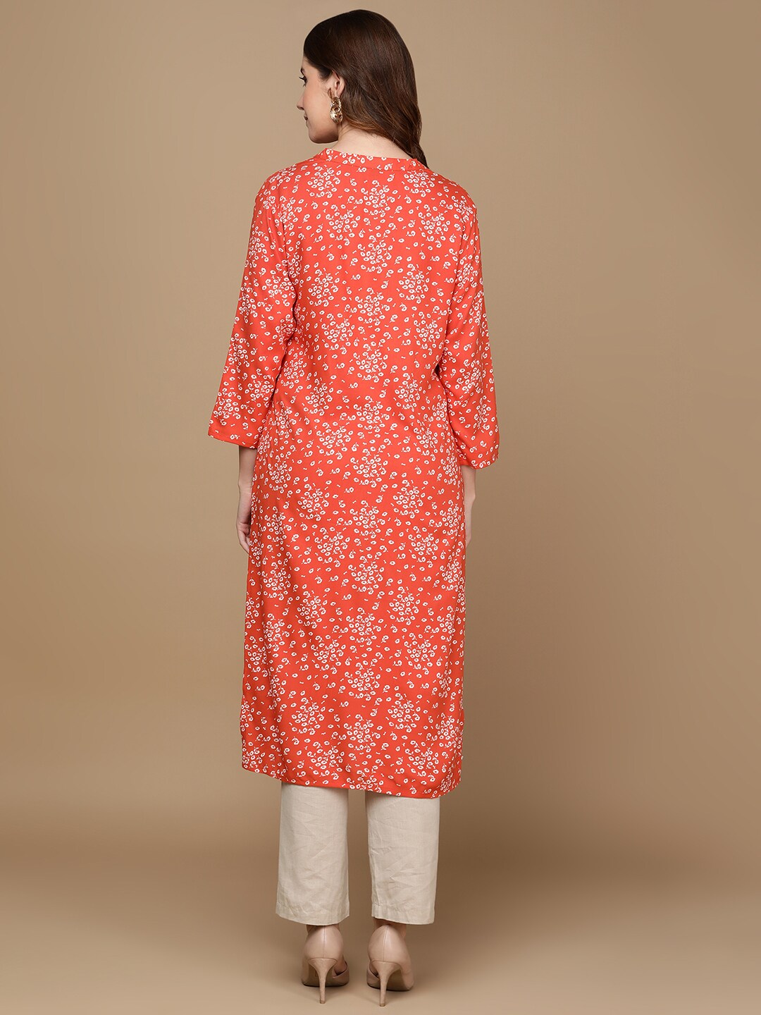 HERE&NOW Rust Orange & White Floral Printed Straight Kurta - Distacart