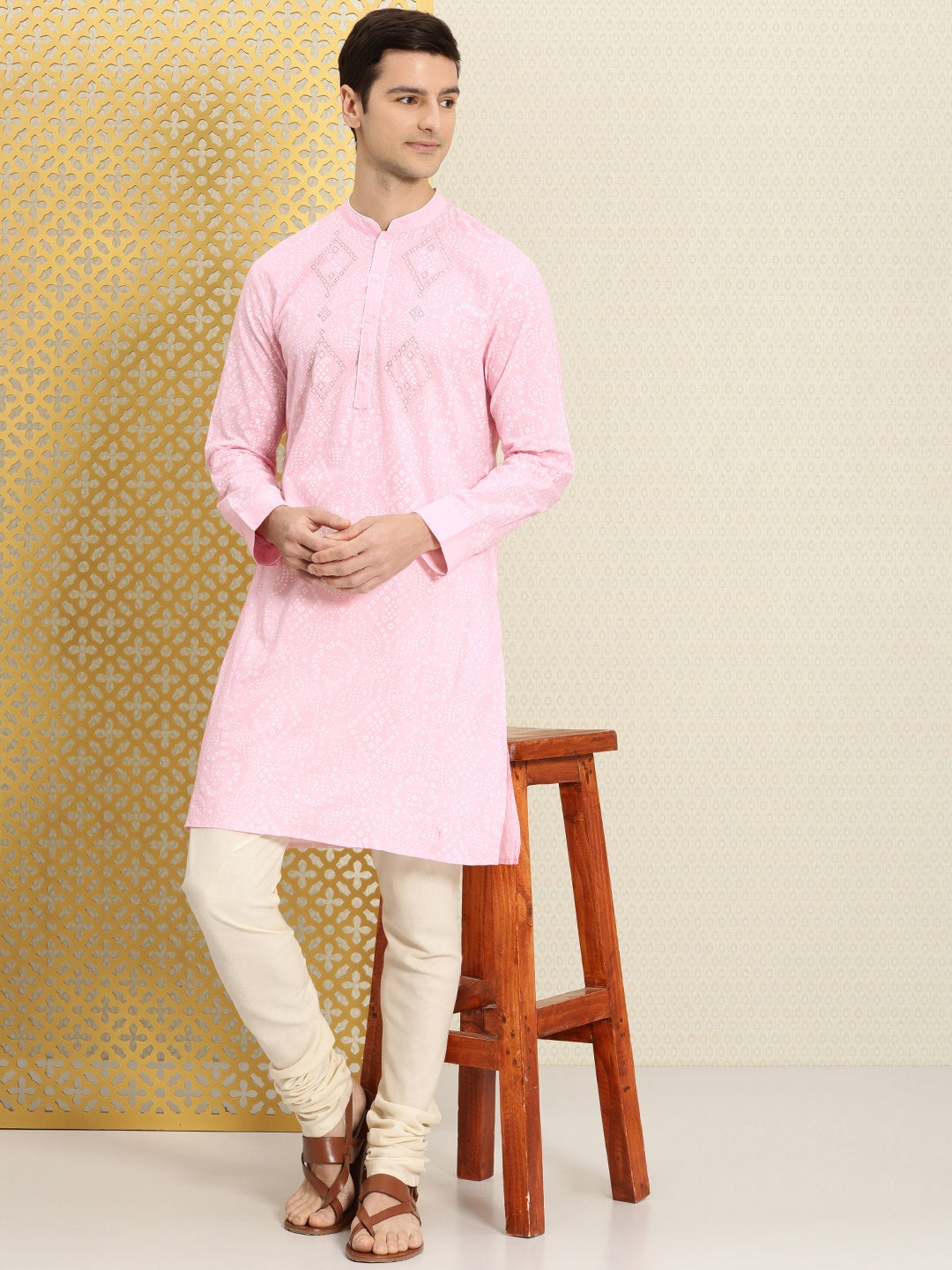 House of Pataudi Men Pink & White Bandhani Printed Pure Cotton Jashn Kurta - Distacart
