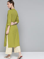 Thumbnail for HERE&NOW Women Olive Green Solid Pure Cotton Kurta - Distacart