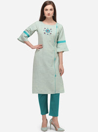Thumbnail for Kalini Women Sea Green & Red Floral Embroidered Bell Sleeves Mirror Work Cotton Kurta - Distacart