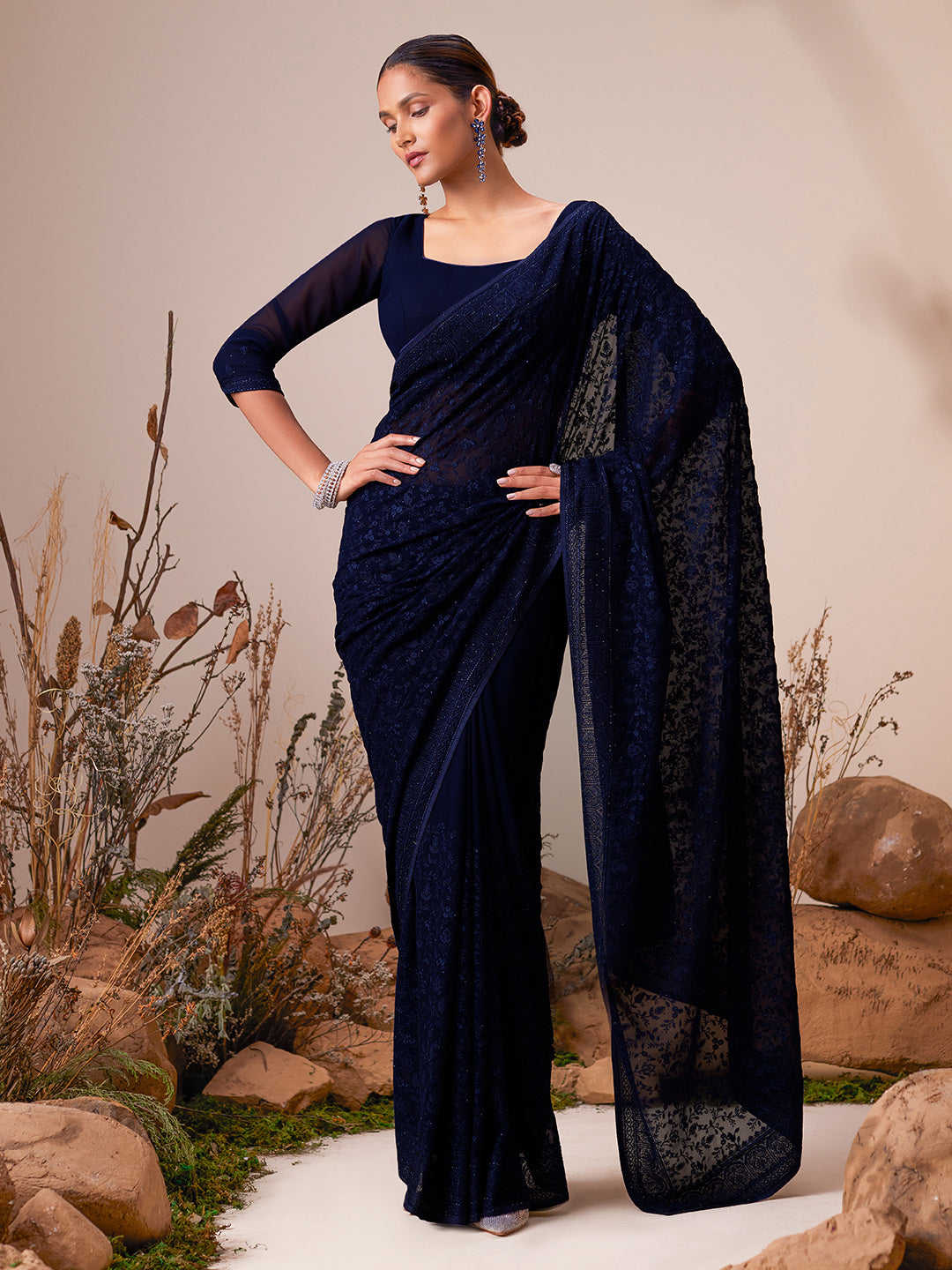 Soch Floral Embroidered Stone Work Saree - Distacart