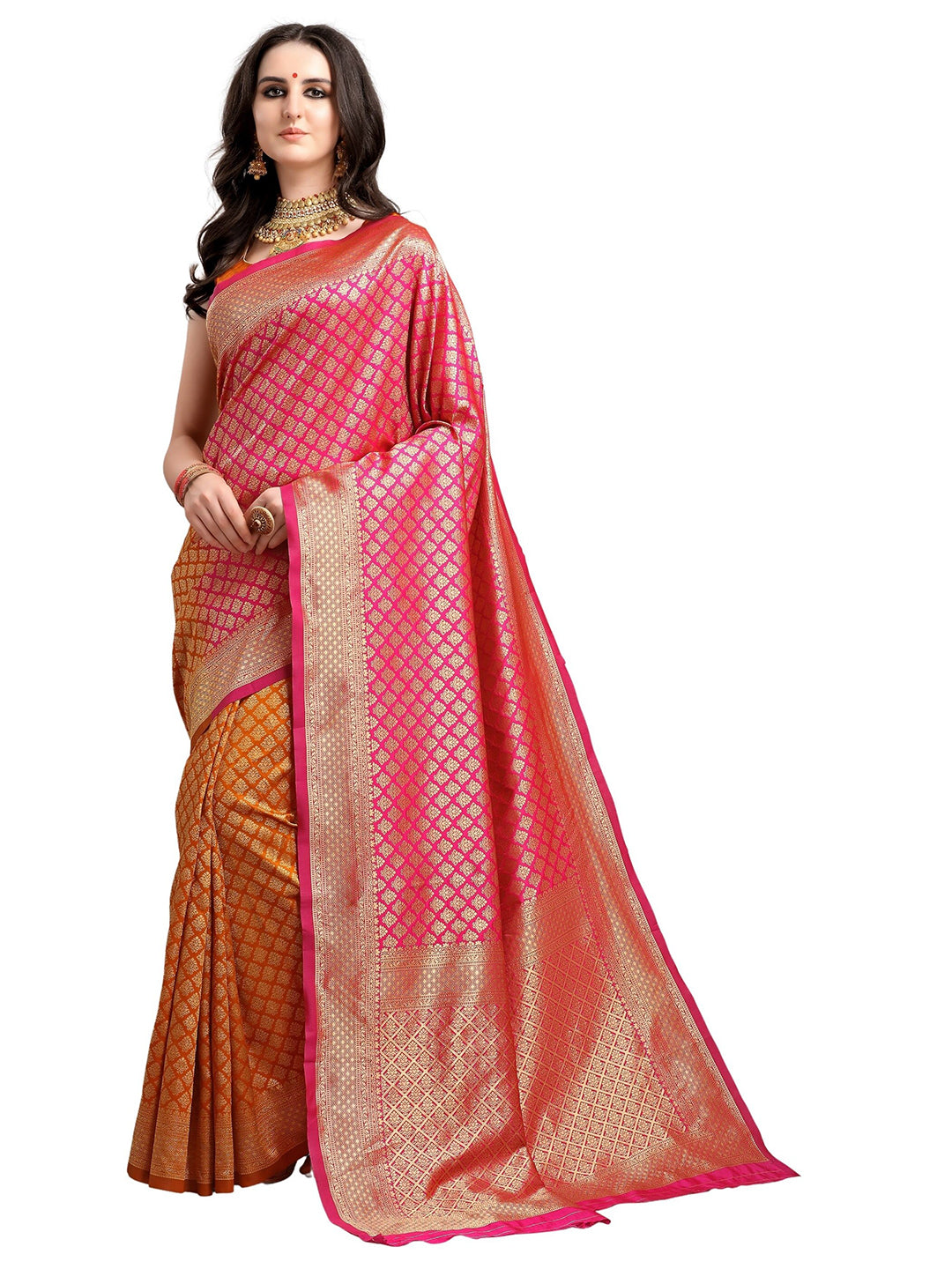 Kalini Pink & Mustard Yellow Ethnic Motifs Woven Design Half & Half Kanjeevaram Saree - Distacart