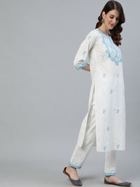 Thumbnail for Jaipur Kurti Women White & Blue Embroidered Pure Cotton Kurta with Trousers & Dupatta - Distacart