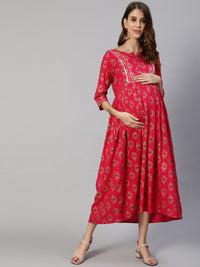 Thumbnail for Anubhutee Fuchsia Pink Ethnic Motifs Maternity A-Line Midi Dress - Distacart
