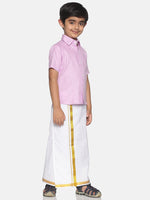 Thumbnail for Sethukrishna Pink & White Solid Shirt and Veshti Set For Boys - Distacart
