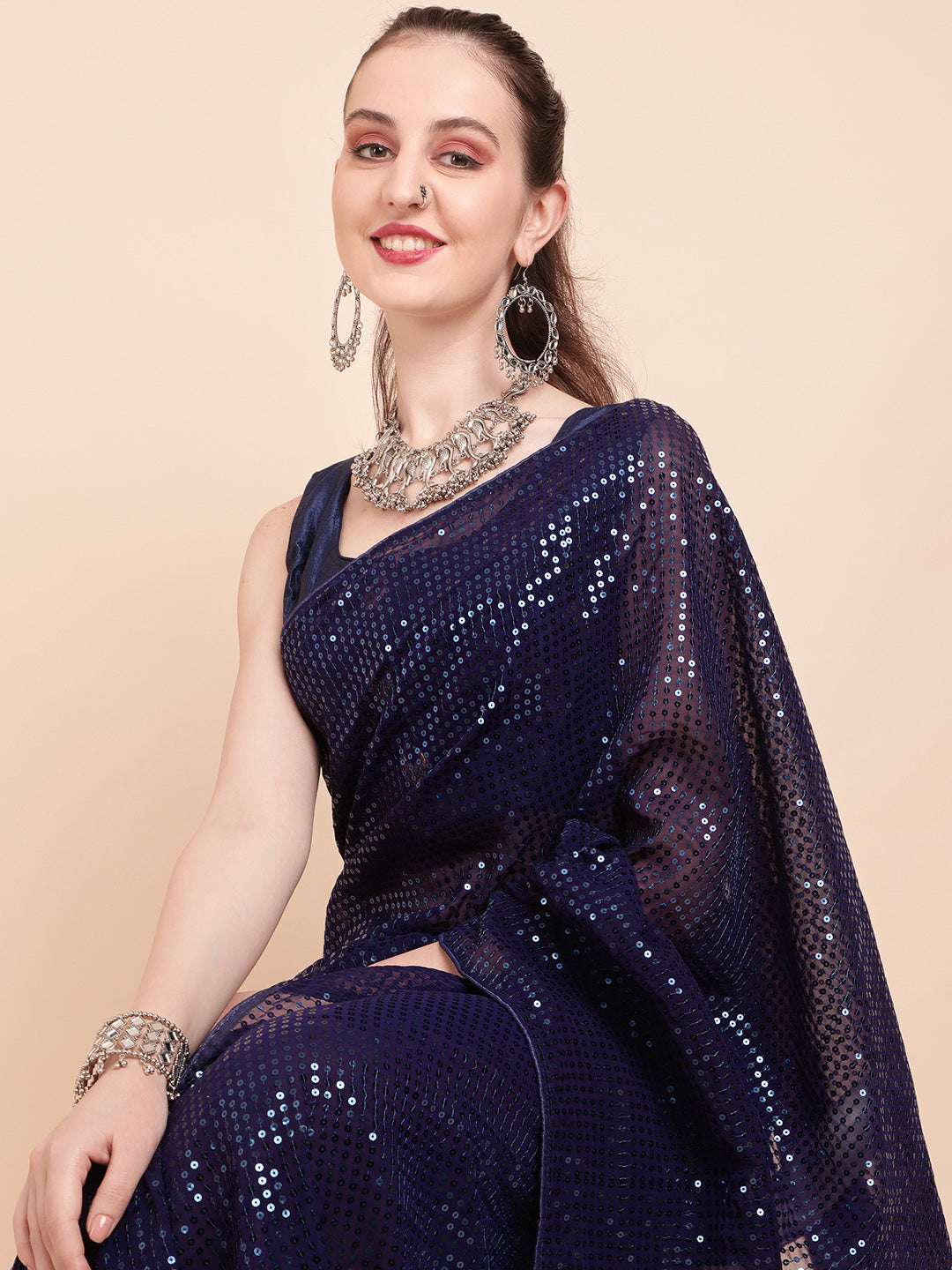 Sangria Navy Blue & Silver-Toned Sequin Embellished Pure Georgette Saree - Distacart