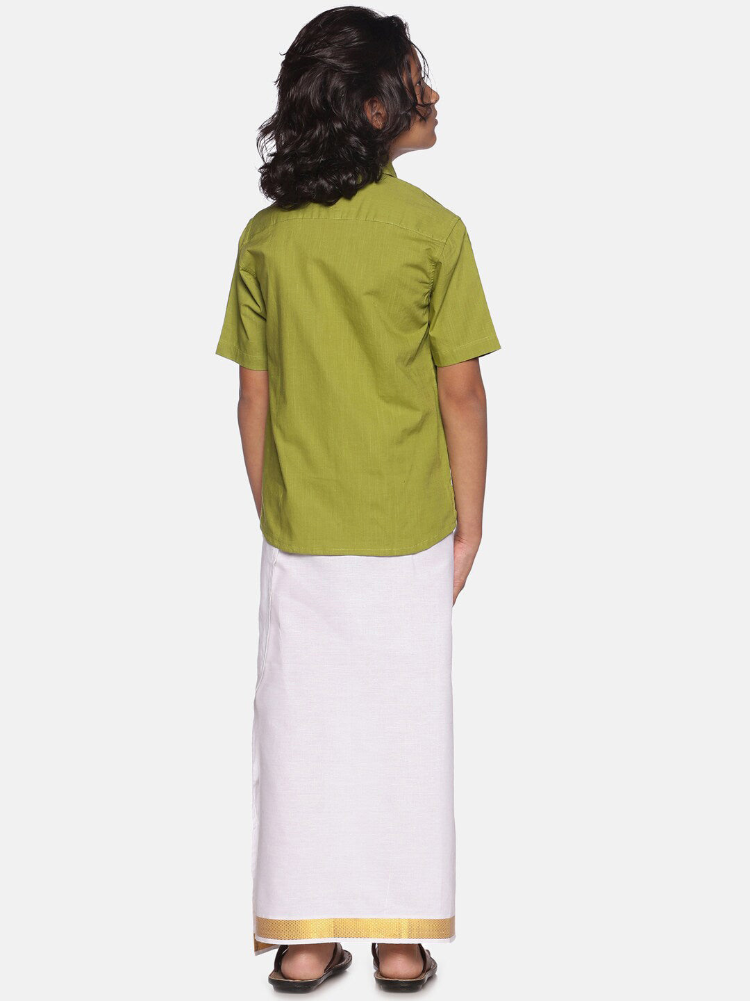 Sethukrishna Boys Green & White Solid Pure Cotton Shirt with Readymade Dhoti - Distacart