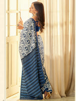 Thumbnail for Saree Mall Off White & Blue Ethnic Motifs Dabu Saree - Distacart