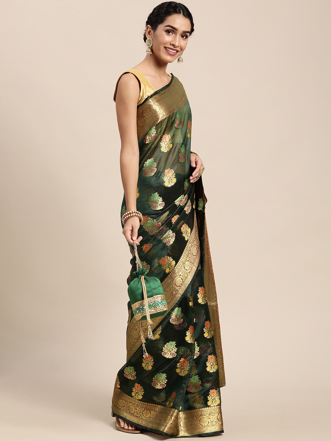 Mitera Green Floral Zari Organza Kanjeevaram Saree - Distacart