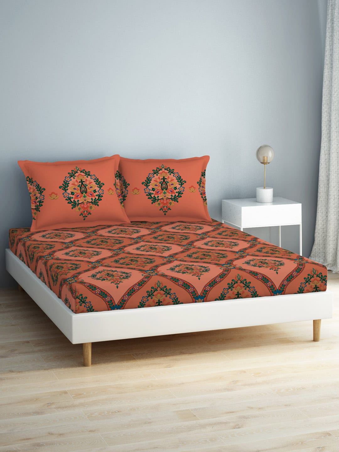 SPACES Aurum Peach Ethnic Motifs Pure Cotton 140 TC Queen Bedsheet with 2 Pillow Covers - Distacart