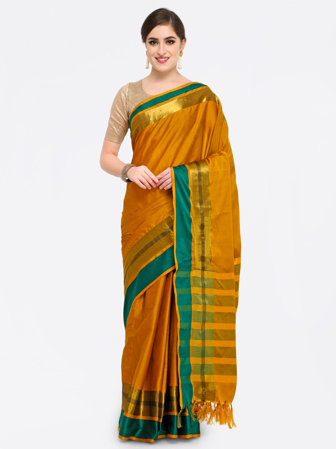 Saree Mall Mustard & Green Silk Cotton Colourblocked Kanjeevaram Saree - Distacart
