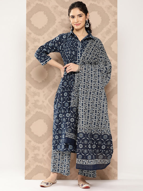 Kalini Ethnic Motifs Printed Pleated Pure Cotton Kurta with Palazzos & Dupatta - Distacart
