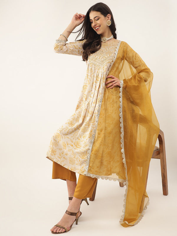 Khushal K Ethnic Motifs Printed Thread & Mirror Work Kurta with Trousers & Dupatta - Distacart